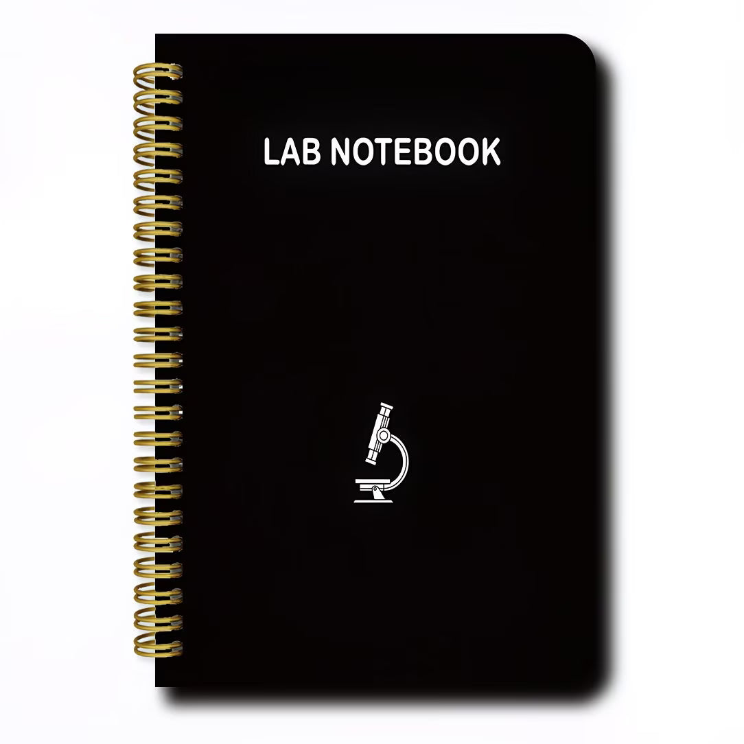 Black Spiral Lab Notebook with Microscope Icon (Science Journal)