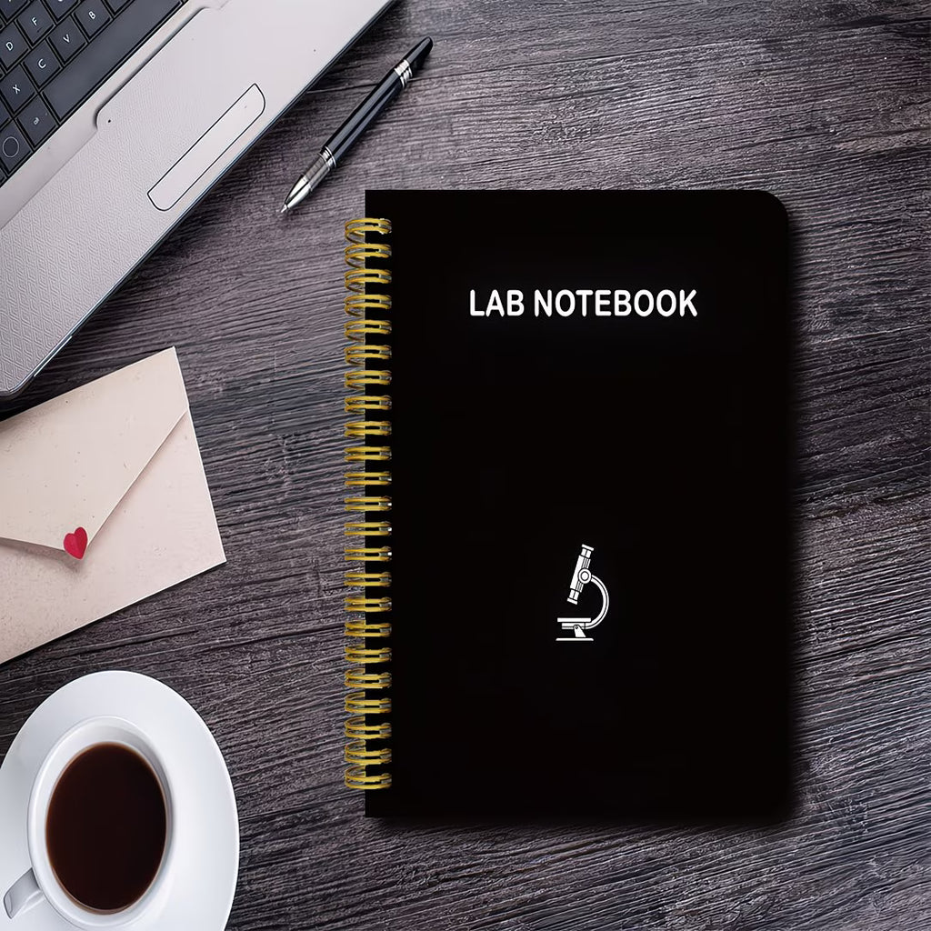 Black Spiral Lab Notebook with Microscope Icon (Science Journal)