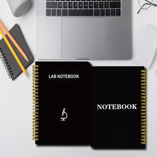 Black Spiral Lab Notebook with Microscope Icon (Science Journal)