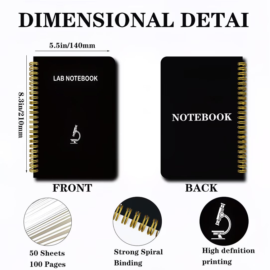 Black Spiral Lab Notebook with Microscope Icon (Science Journal)
